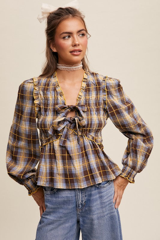 Plaid Bow Blouse