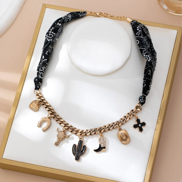 Black Charm Scarf Necklace