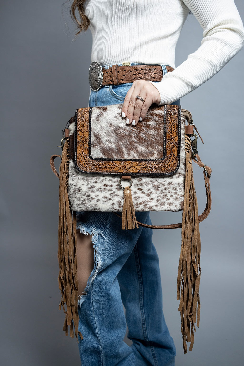 Brown Cowhide Hand-Tooled Bag